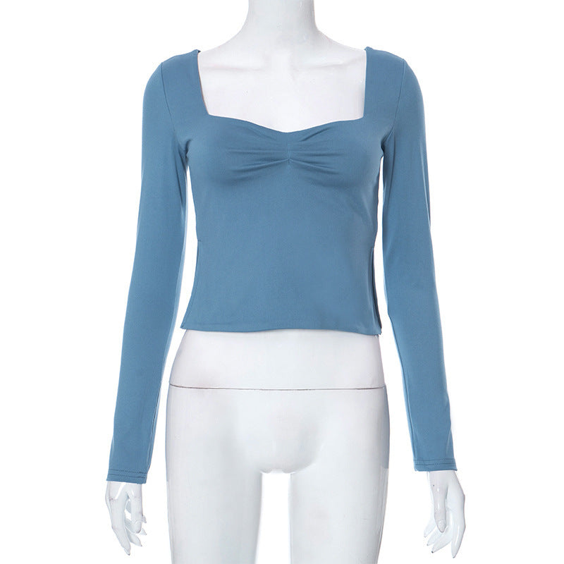 Autumn Ins New Solid Color Square Collar Long Sleeve Pleated Side Slit Top T-shirt For Women Limorista