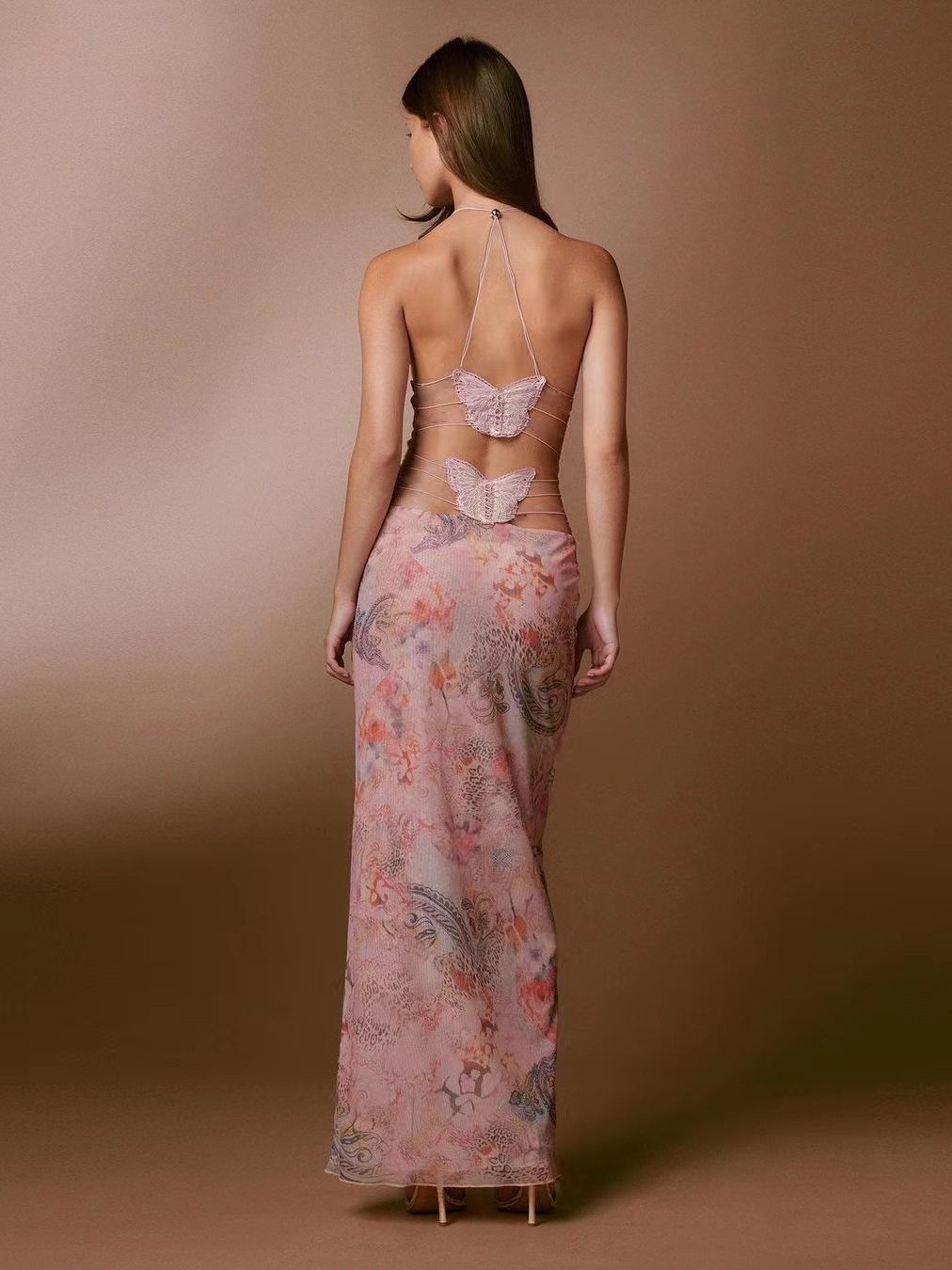 Floral Print Halter Spaghetti Straps Dress Sexy Slim Butterfly Back Dressess Spring Summer Womens Clothing Limorista