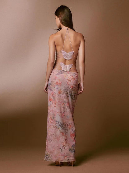 Floral Print Halter Spaghetti Straps Dress Sexy Slim Butterfly Back Dressess Spring Summer Womens Clothing Limorista