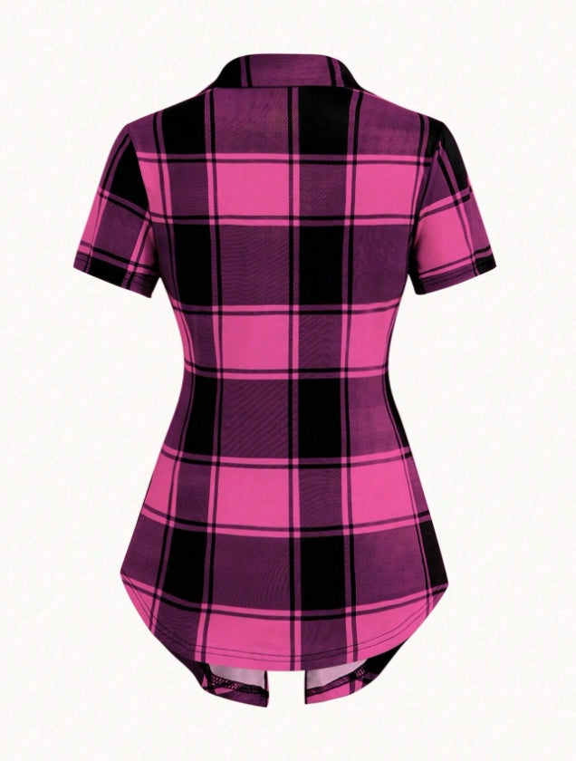 Unity AB Splicing Collar Turn-D2 In 1 Plaid Short-Sleeved T-Shirt Limorista