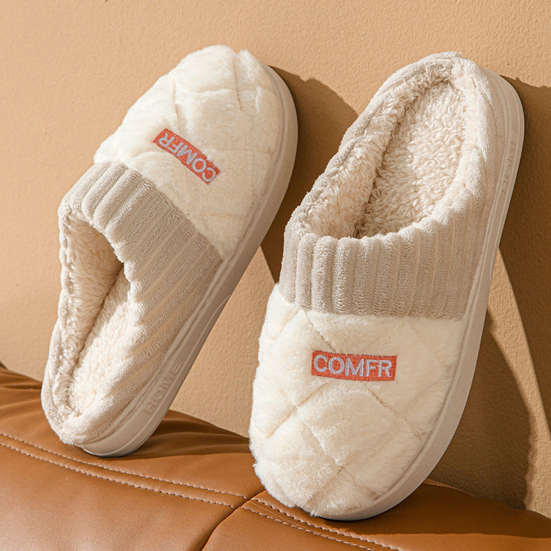 Solid Rhombic Letter Home Slippers Winter Warm Non-slip Floor Bedroom Plush Slipper For Couple House Shoes Women Men Limorista