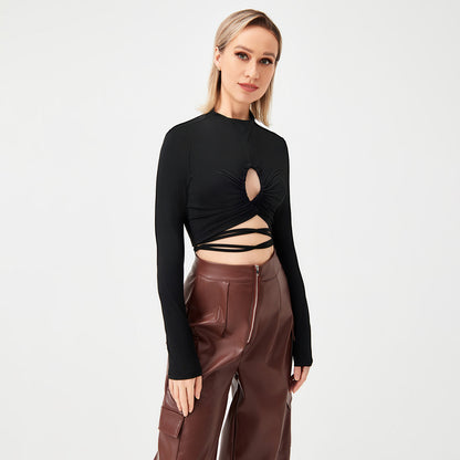 Long Sleeve Tie Cutout Sexy T-Shirt Women&