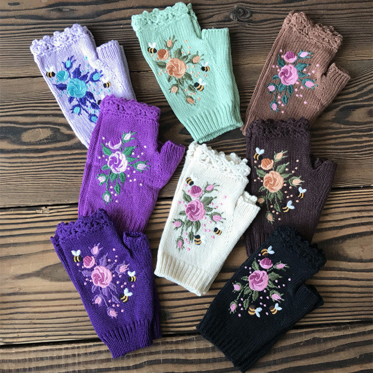Embroidered Ladies Warm Gloves Bee Floral Knit Limorista