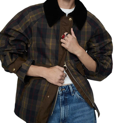 Autumn And Winter Plaid Fur Collar Cotton-padded Coat Limorista