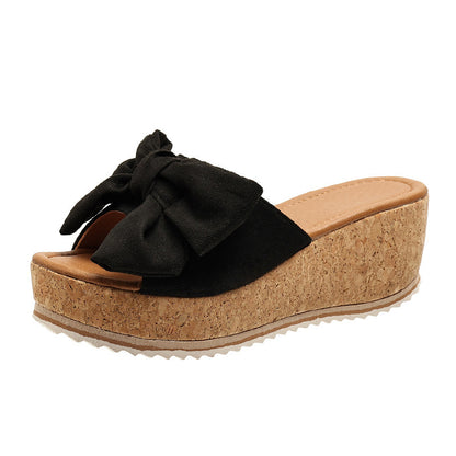 Fashion Bow Leopard Print Wedge Slippers For Women New Thick-sole High Heel Flat Shoes Summer Outdoor Fish Mouth Slippers Limorista