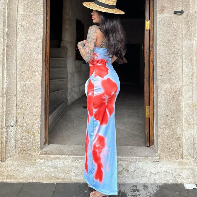 Slim Slit Tube Long Dress Summer Sexy Pint Party Beach Dresses Women&