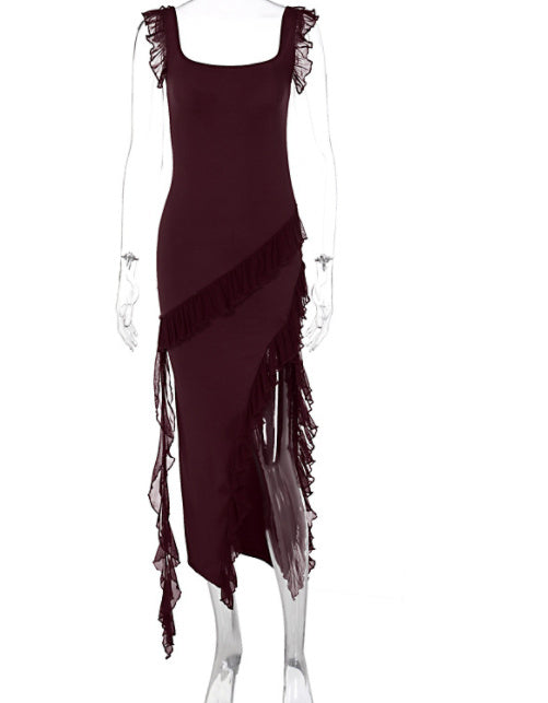 Ruffle Thigh High Split Dress Women Sexy Spaghetti Strap Square Neck Backless Suspender Dresses For Evening Praty Clothing Limorista