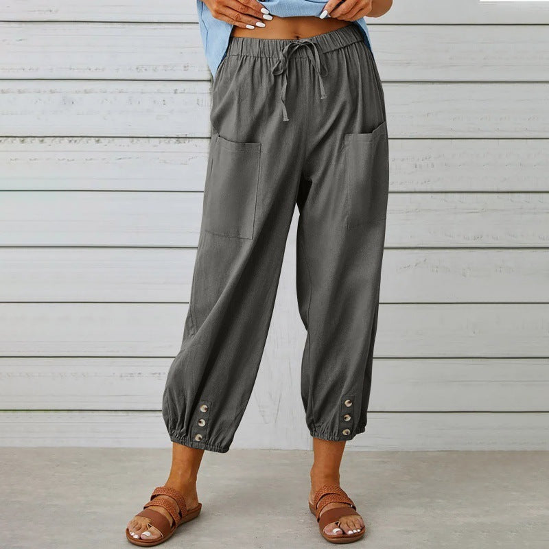 Loose High Waist Button Cotton And Linen Trousers Cropped Pants Wide Leg Women&
