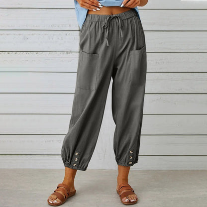 Loose High Waist Button Cotton And Linen Trousers Cropped Pants Wide Leg Women&