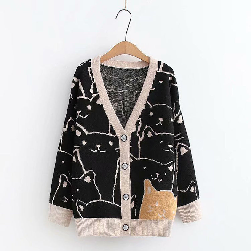 Sweet Outer Wear Knitted Jacquard Full-body Cartoon Cat Single-breasted Cardigan Sweater Limorista