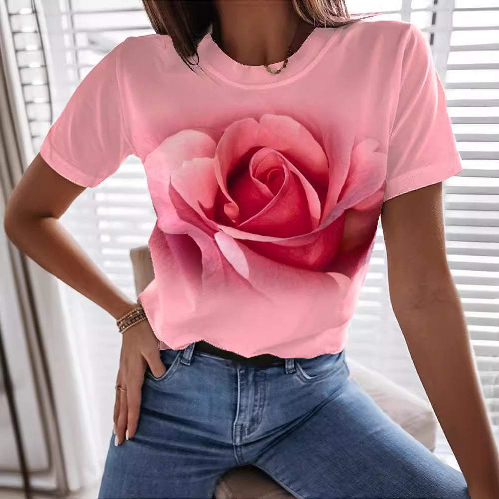 Fashion Rose 3D Printed T-shirt Round Neck Slim Fit Limorista