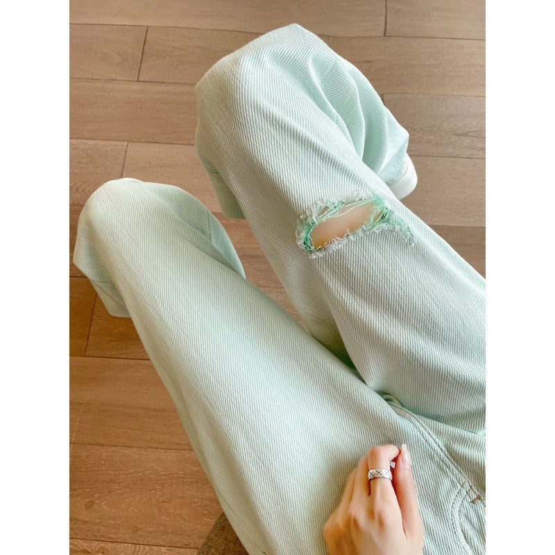 Summer Thin Mint Green Ripped Wide-leg Jeans For Women High Waist Loose Slim Straight Pants Limorista
