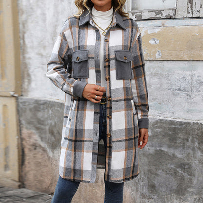 New Brushed Plaid Long Coat With Pockets Fashion Winter Jacket Outwear Women&
