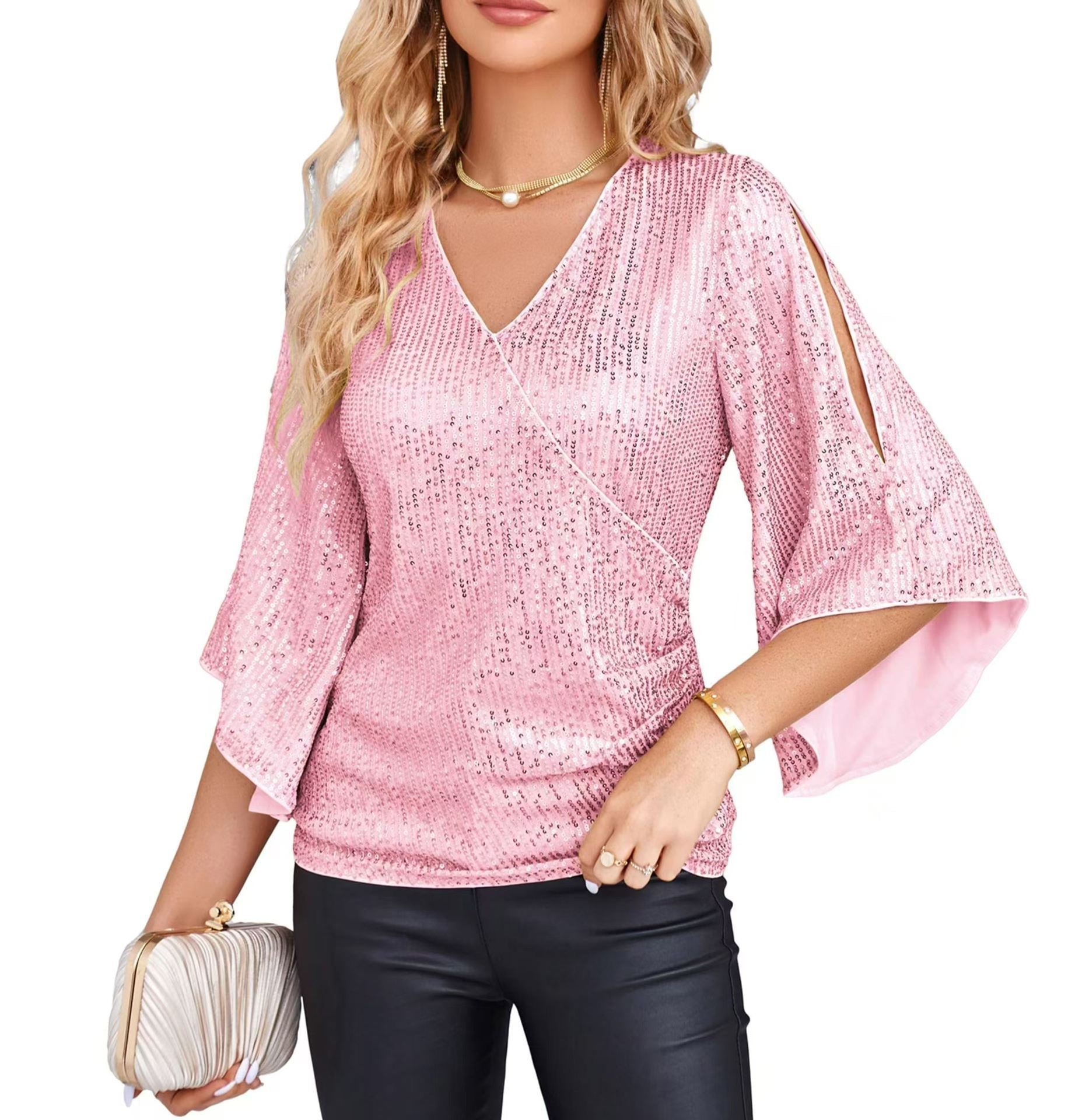 Loose Mid-length Sequined T-shirt Women&