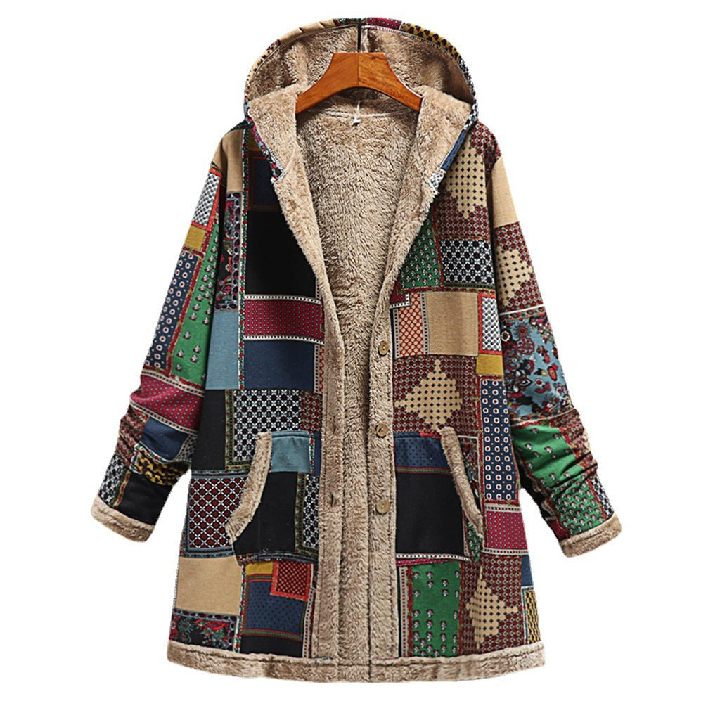 Cotton And Linen Printed Hoodie Warm Plush Coat Limorista