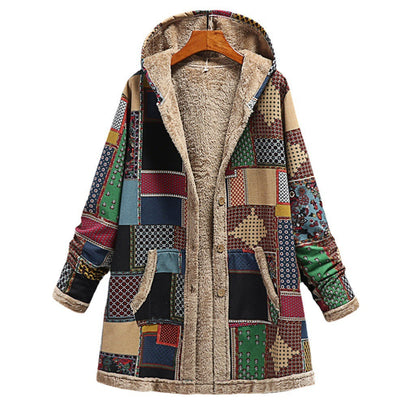 Cotton And Linen Printed Hoodie Warm Plush Coat Limorista