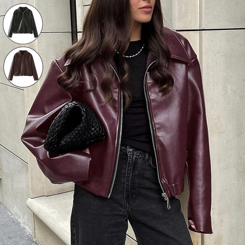 Solid Color Lapel Zipper Jacket Fashion Casual Long Sleeve Leather Coat Tops Women Clothing Limorista