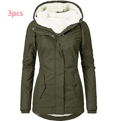 Solid Color Pocket Long-sleeve Zipper Fleece Padded Coat Women Limorista