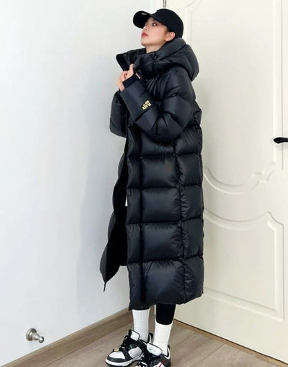 Black Gold White Goose Down Mid-length Elegant Hooded Windproof Overknee Thickened Warm Down Jacket Limorista