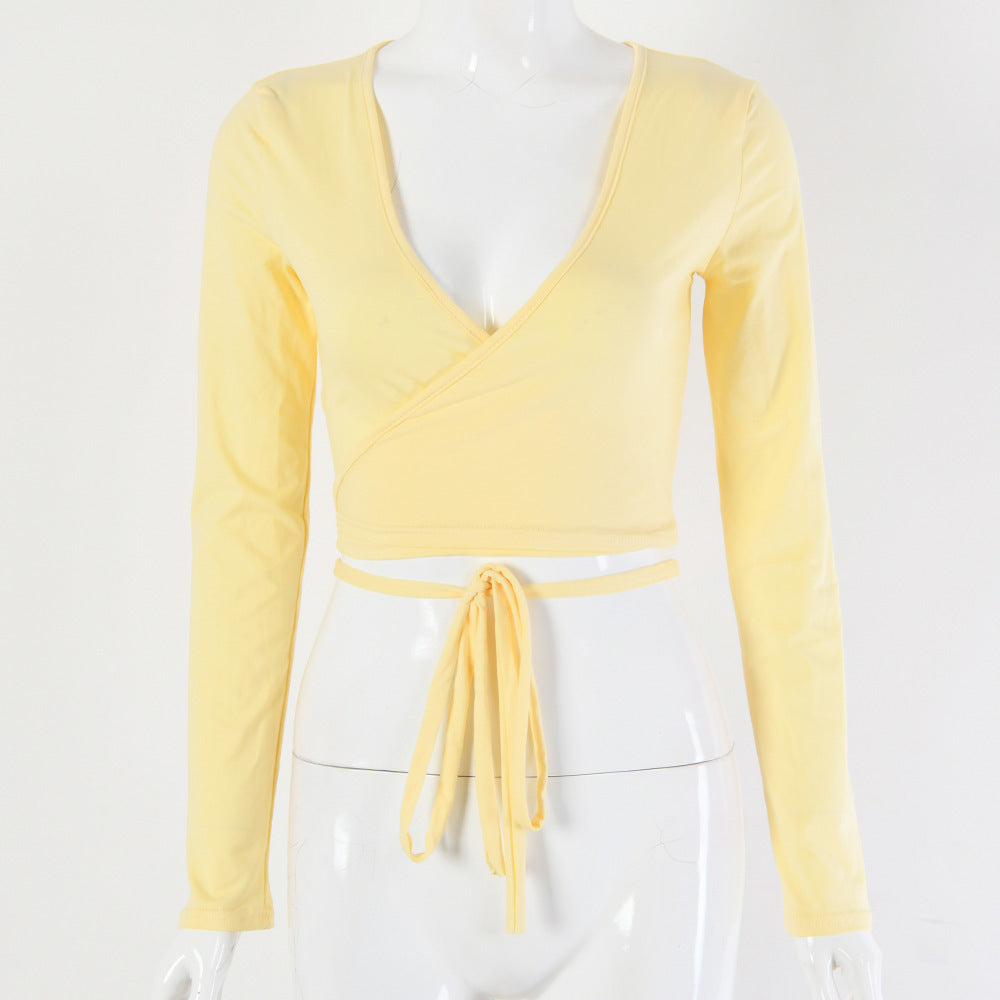 Navel-cut Low-cut Lace-up Long-sleeved Solid Color Top Limorista