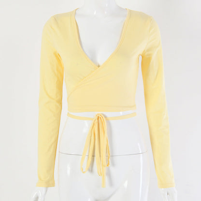 Navel-cut Low-cut Lace-up Long-sleeved Solid Color Top Limorista