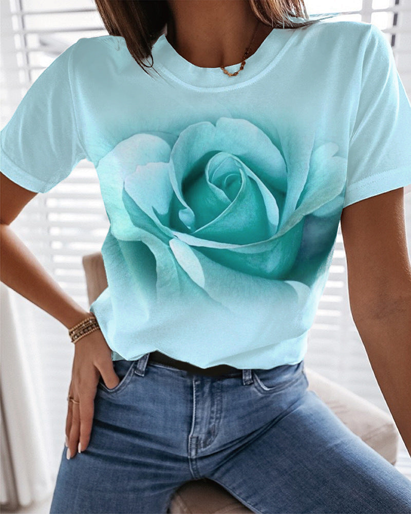 Fashion Rose 3D Printed T-shirt Round Neck Slim Fit Limorista