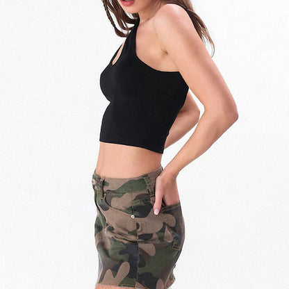 European And American Slim-fit Oblique Shoulder Black Camisole Limorista