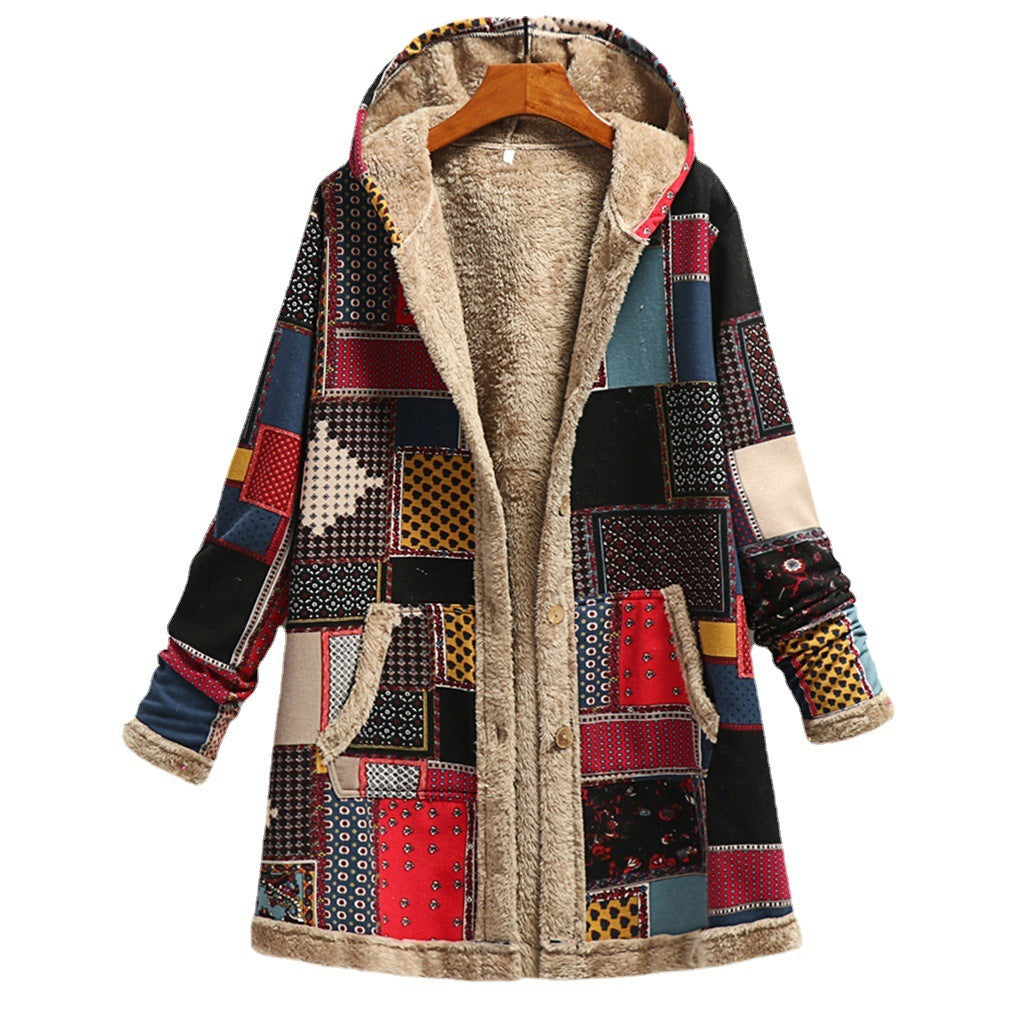 Cotton And Linen Printed Hoodie Warm Plush Coat Limorista