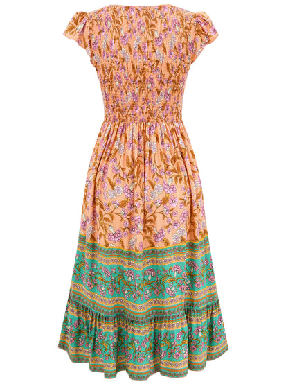 New Flowers Print V-neck Dress Summer Casual Ruffle Sleeveless Dresses Bohemian Holiday Beach Dress For Womens Clothing Limorista