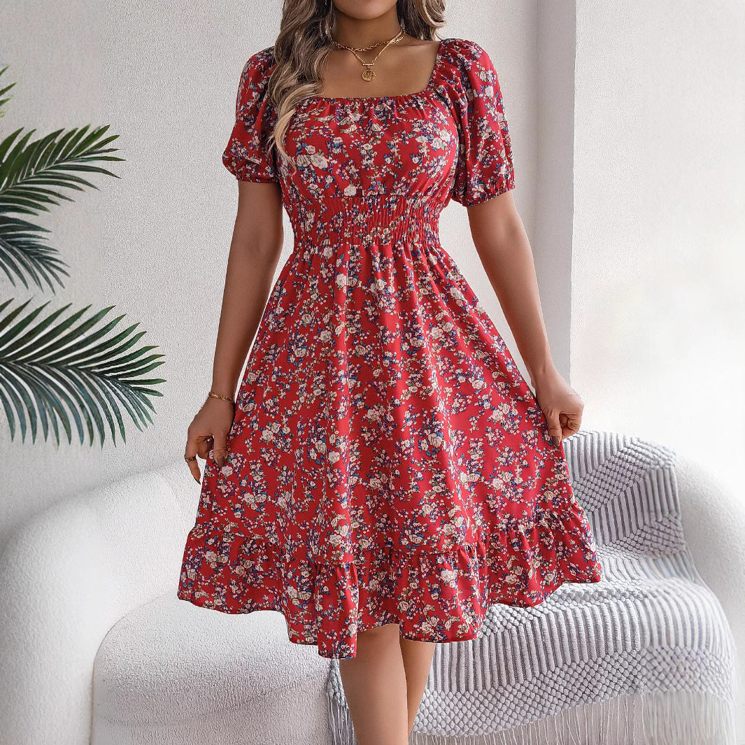 Floral Print Square Collar Dress Summer Fashion Ruffles Dresses Women&