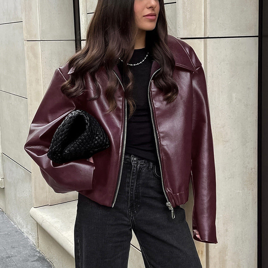 Solid Color Lapel Zipper Jacket Fashion Casual Long Sleeve Leather Coat Tops Women Clothing Limorista