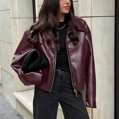 Solid Color Lapel Zipper Jacket Fashion Casual Long Sleeve Leather Coat Tops Women Clothing Limorista