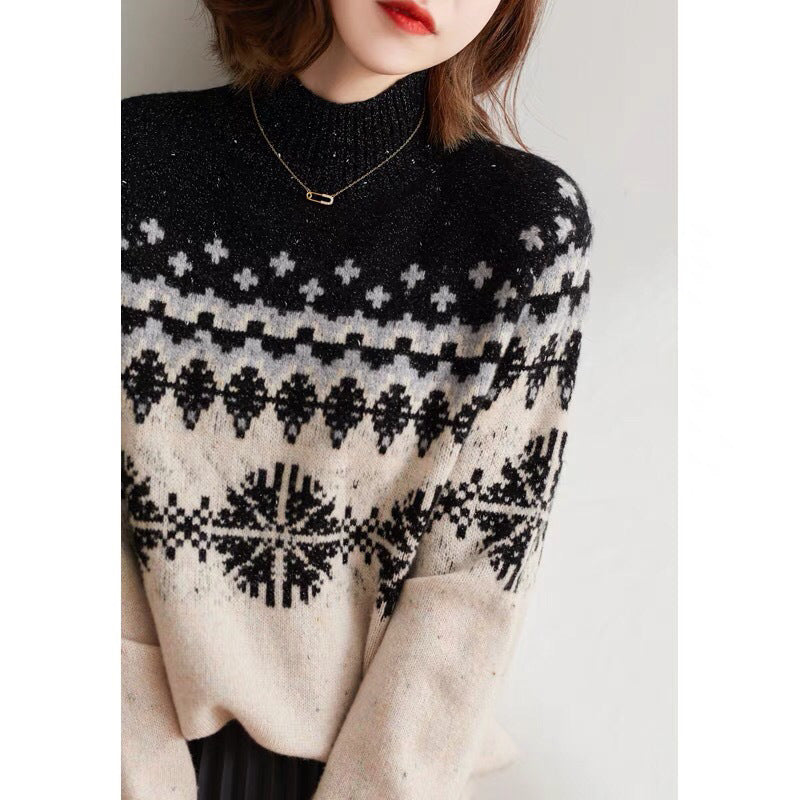 Autumn And Winter Spring New Half Turtleneck Knitted Snowflake Retro Loose Sweater Limorista