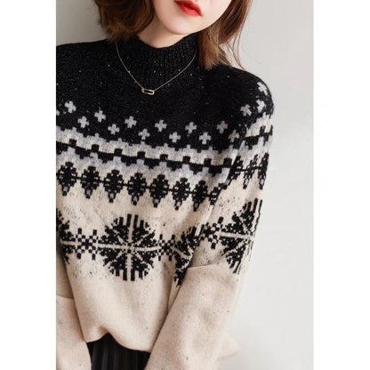 Autumn And Winter Spring New Half Turtleneck Knitted Snowflake Retro Loose Sweater Limorista