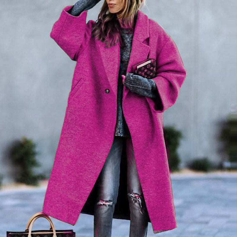 Autumn And Winter Long Woolen Color Temperament Commute No Belt Lapel Loose Woolen Green Coat Limorista