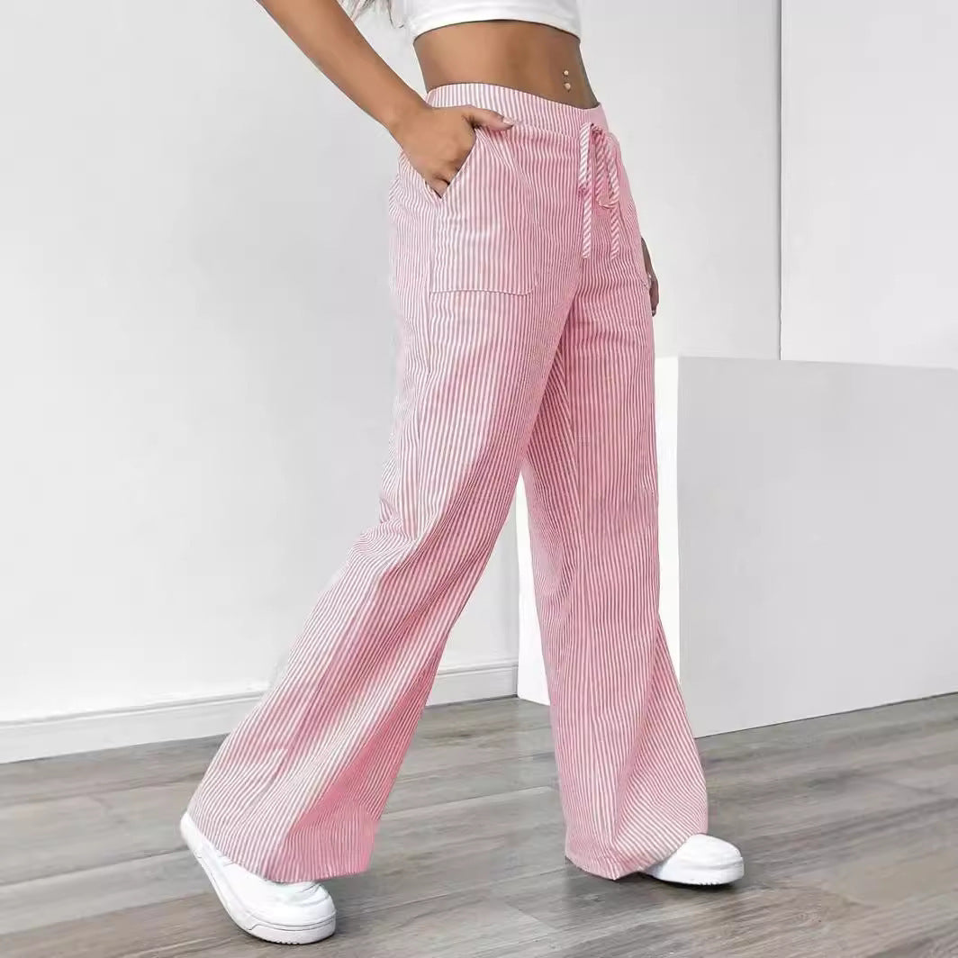 New Striped Trousers With Pockets Casual Versatile Loose Wide Leg Pants Women&