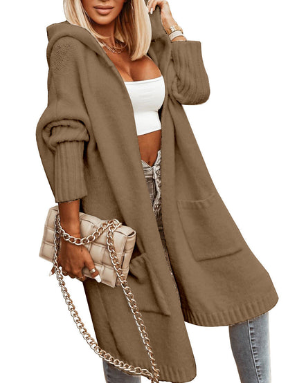 Ladies Hooded Solid Color Mid-length Knitwear Fashion Casual Pocket Long Sleeve Trench Coat Limorista