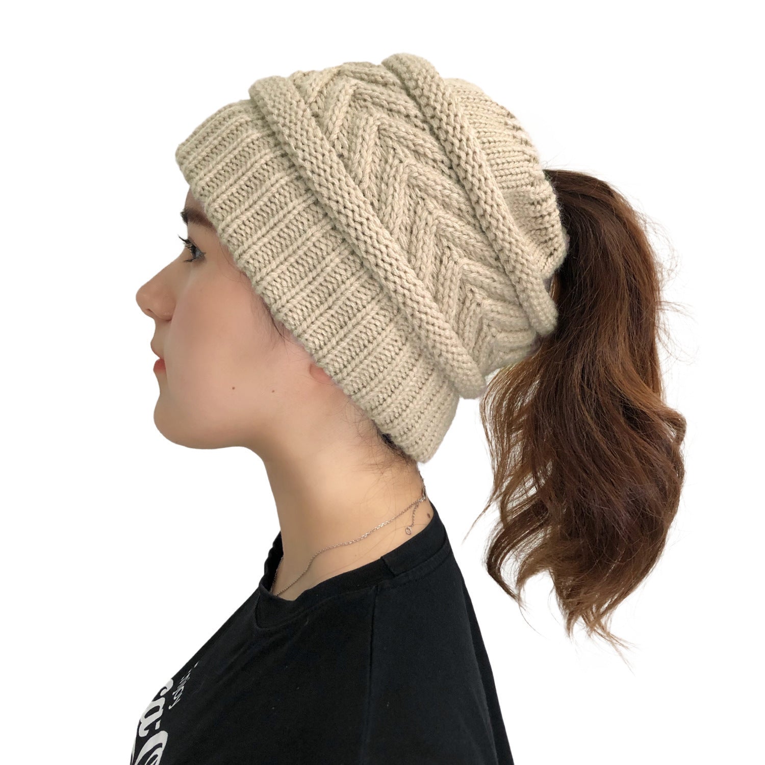 Ladies Ponytail Beanie Knit Stretch Hat Limorista