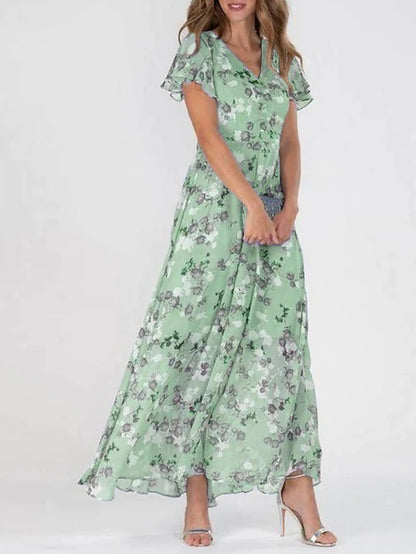 Flowers Print Short Sleeve Dress Summer Fashion Ruffle Beach Dresses Women&