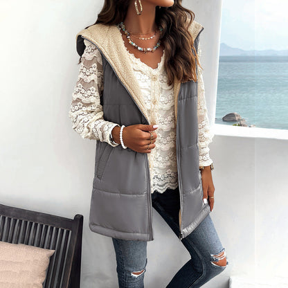 Winter Vest Women Loose Commuting Mid-length Hooded Cotton Jacket With Pockets Fashion Warm Zipper Fluffy Coat Outdoor Clothing Limorista
