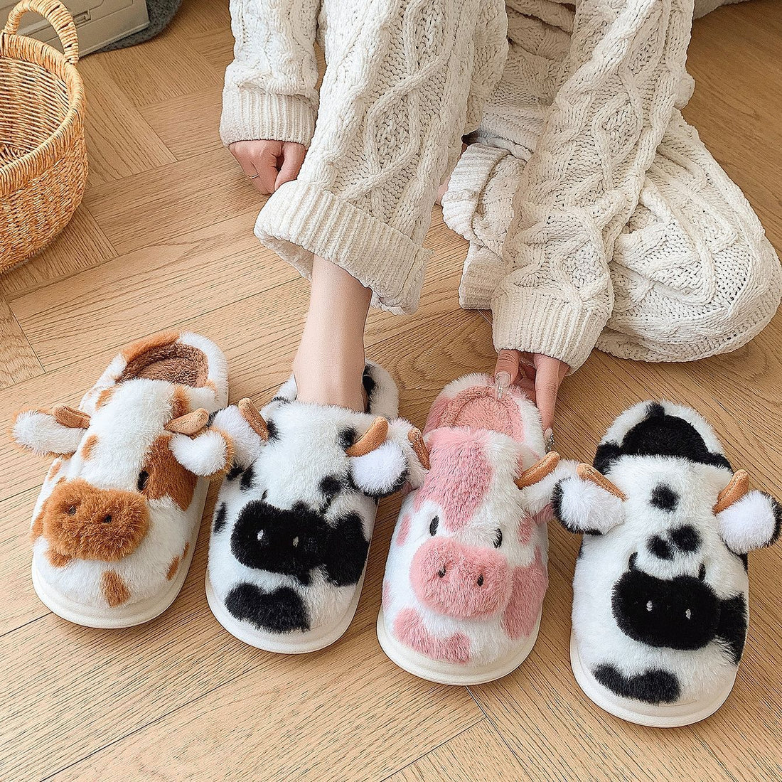 Cute Cartoon Cow Plush Slippers Winter Warm Indoor Bedroom Floor Fuzzy Slipper Couple Non-slip House Shoes Limorista