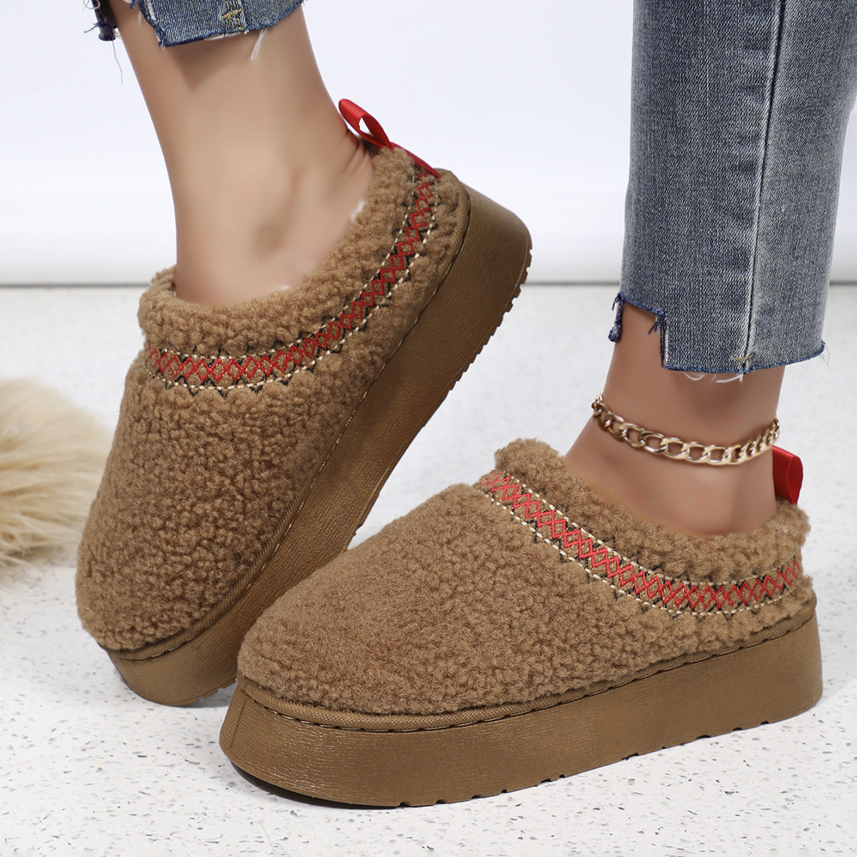 New Ethnic Style Sewing-edge Plush Slippers Winter Indoor Floor Thick-soled Slipper Fashion Outdoor Warm Garden Shoes Limorista