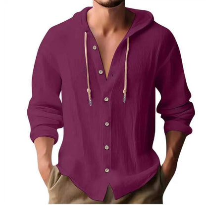 Cotton And Linen Shirt Hooded Sweater Button Long Sleeve Limorista