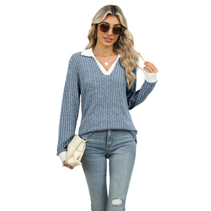 Lapel Long Sleeve Loose-fitting T-shirt Top Women Limorista