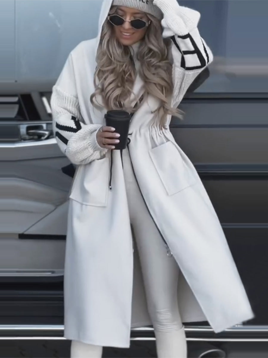 Hooded Windbreaker Long Jacket With Pockets And Drawstring Design Solid Color Knit-Sleeved Trench Coat For Women Clothing Fall Winter Limorista
