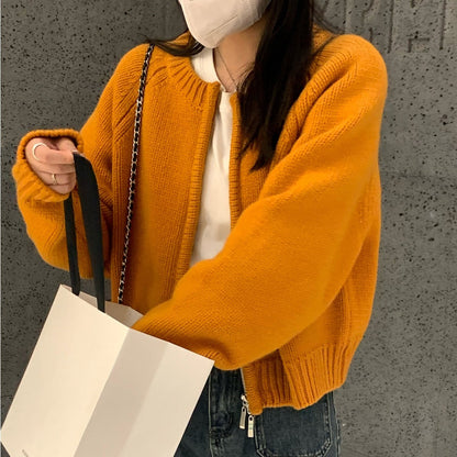 Orange Zipper Sweater Cardigan For Women Limorista