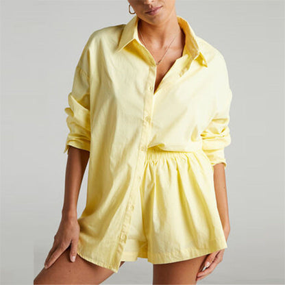 Solid Single Breasted Long Sleeve Lapel Shirt Shorts Limorista
