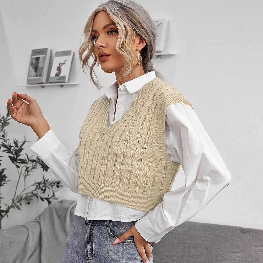 V-neck Knitted Vest Sweater Vest Sleeveless Waistcoat Women&