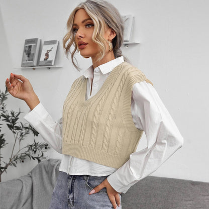 V-neck Knitted Vest Sweater Vest Sleeveless Waistcoat Women&
