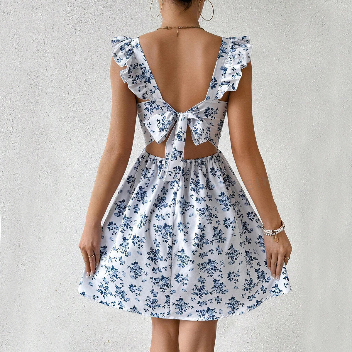 Summer Square-neck Ruffled Sleeveless Dress With Bow-tie Backless Design Fashion Casual Holiday Beach Dresses For Womens Clothing Limorista
